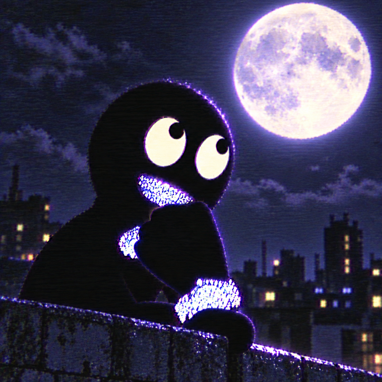 Claus Drip watching the city beneath a glowing moon